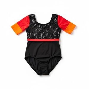 Weissman ballet Black Sequin One-Piece with Red and Orange Sleeves